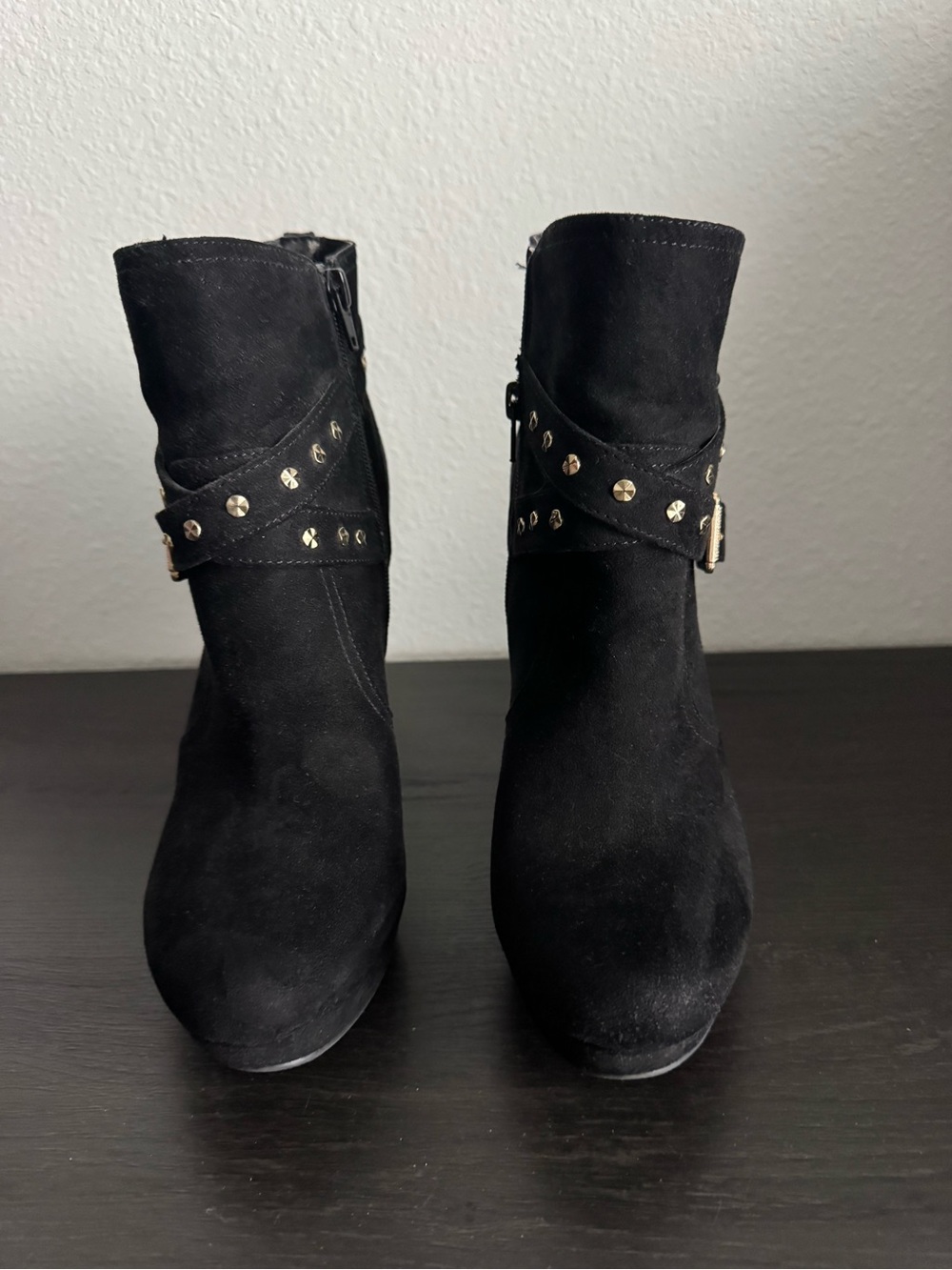 Women's Black Suede Ankle Boots with Studded Strap size 10